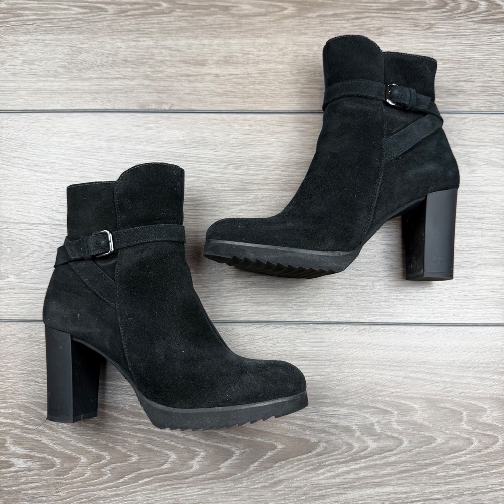 La‎ Canadienne Womens Ankle Boot Suede Block Heel Buckle Black Size 9